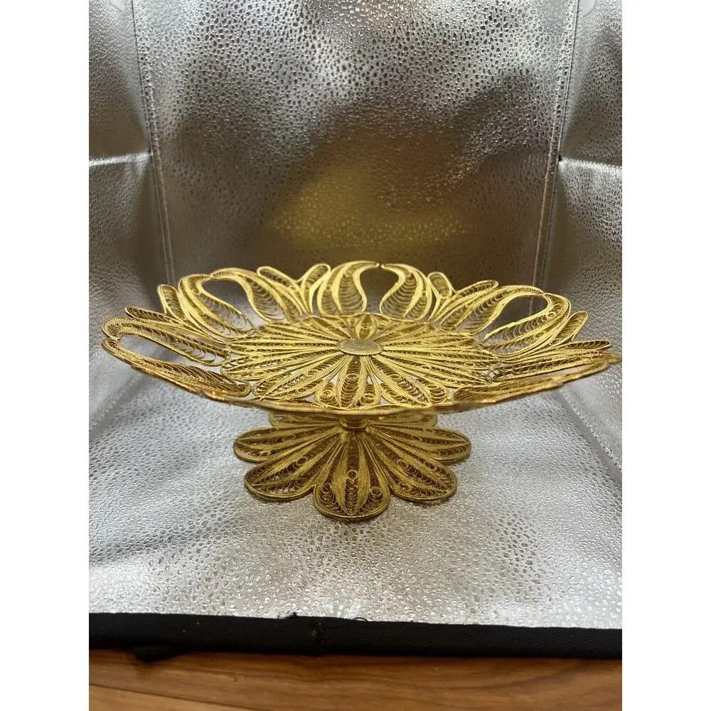 Vtg Gold Tone Peacock Filigree Islamic Ottoman Ronac Handicraft Tray Dish Decor